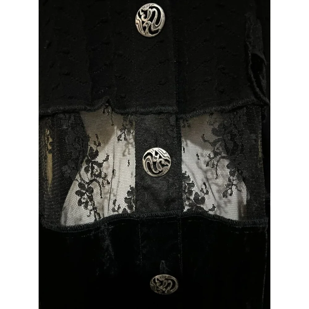 Witchy Jacket Womens L Black Velvet Patchwork Lace Crop Peek WhimsiGoth Fairy - Picture 2 of 13